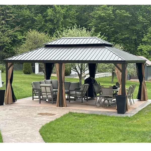 12 ft.x 26 ft.Bronze Aluminum Power-Coated Frame Galvanized Steel Double Roof Hardtop Gazebo,Hooks,Netting,Khaki Curtain