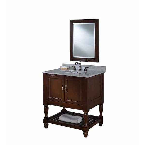 Direct vanity sink Mission Turnleg Spa 32 in. Vanity in Dark Brown with Marble Vanity Top in Carrara White and Mirror