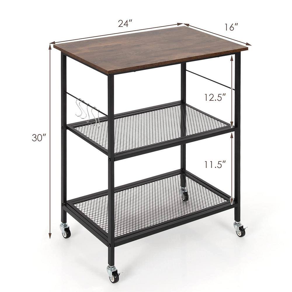3-Tier Brown Kitchen Serving Cart Utility Standing Microwave Rack with Hooks - thumbnail 8
