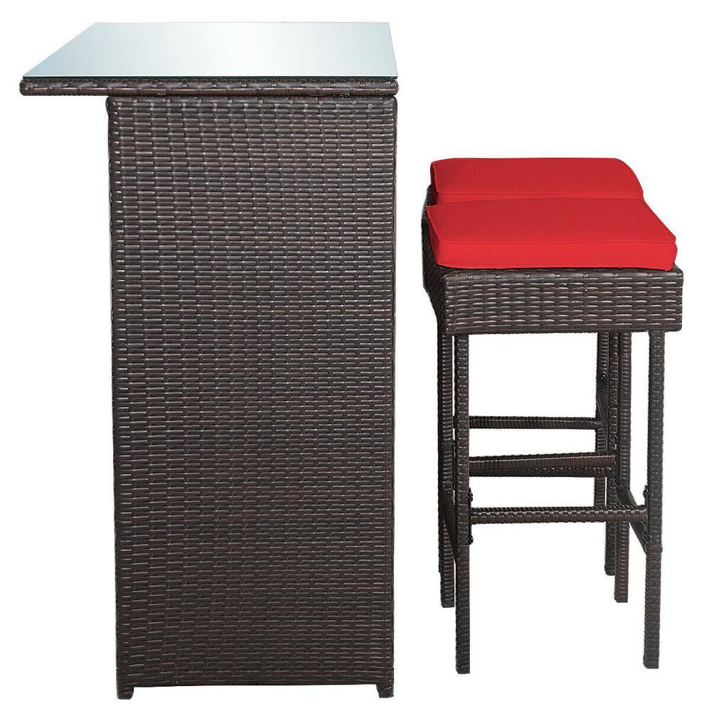 3-Piece Brown Rattan Wicker Bar Set with Red Cushions