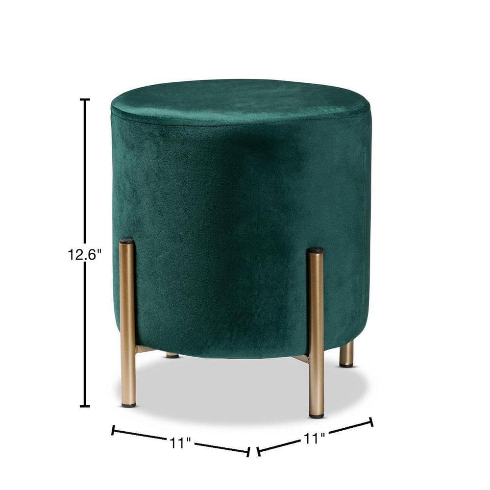 Thurman Luxe Green Velvet and Gold Metal Round Ottoman