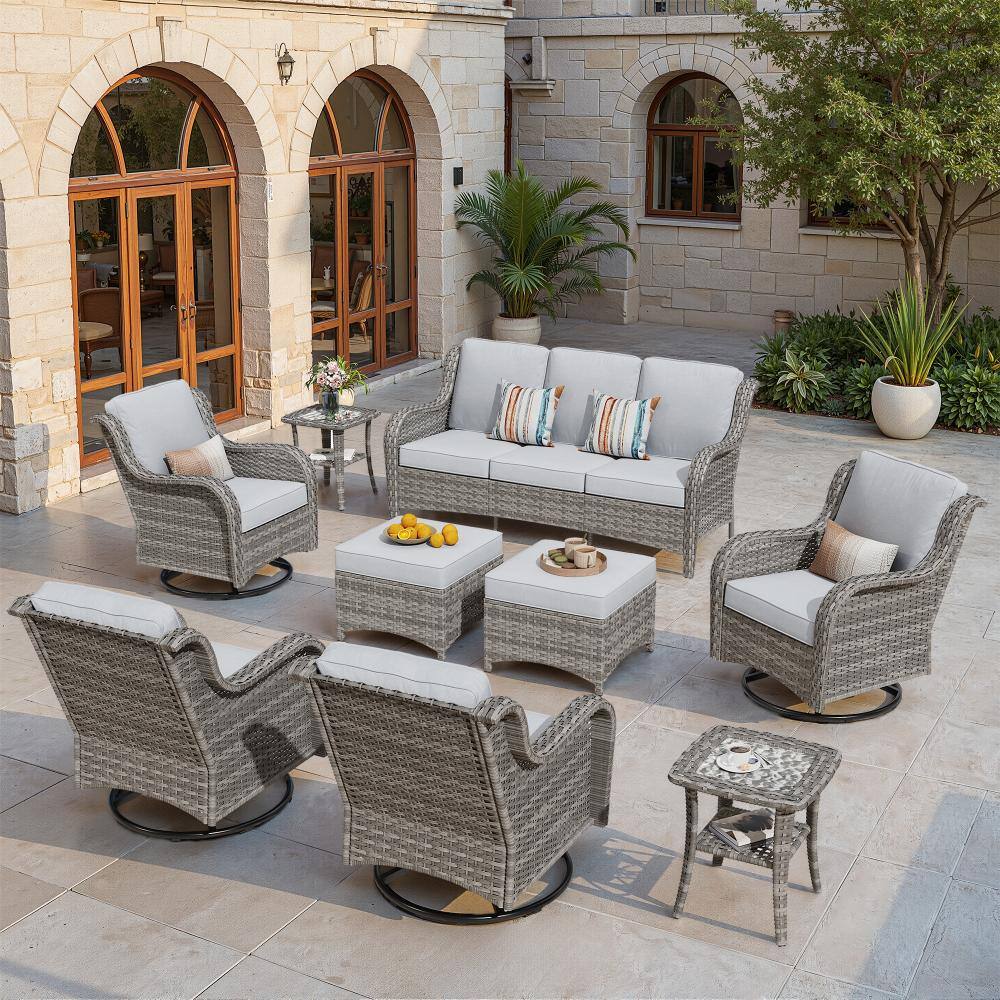 Newport Gray Wicker 9-Piece Patio Conversation Sofa Swivel Chairs Set with Ottomans and Light Gray Cushions price history on PriceWatchPro