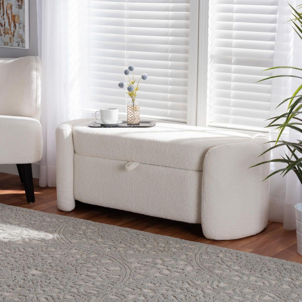 Ivory Boucle Upholstered Ellipse Storage Bench with Oak Frame