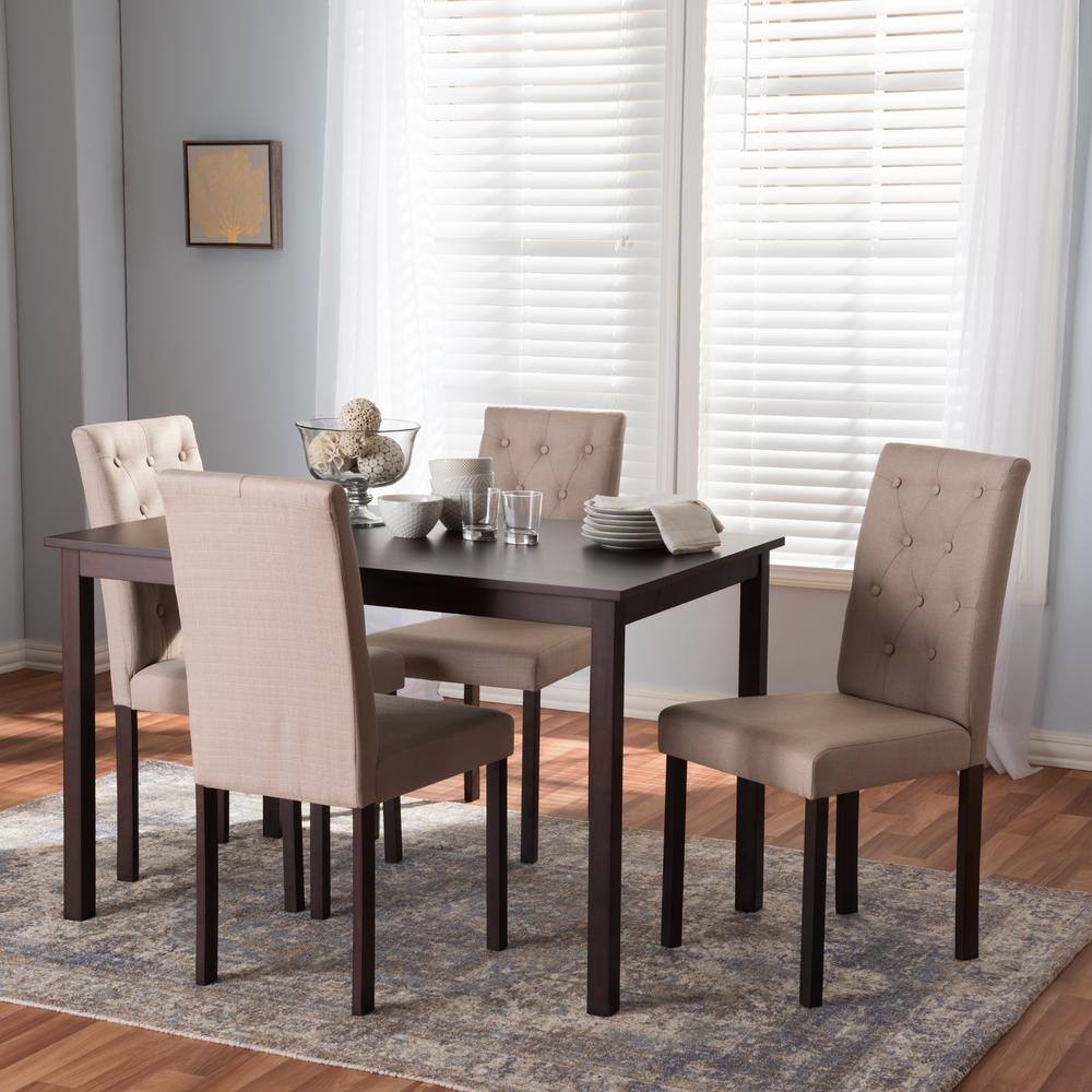 Contemporary Beige Fabric & Dark Brown Wood 5-Piece Dining Set
