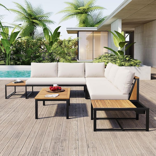 4-Pieces Outdoor Metal Patio Conversation Set with Waterproof Beige Cushions