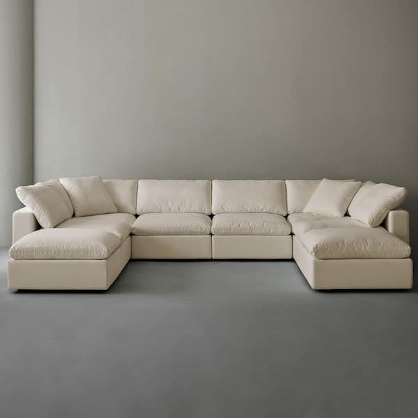 Modern 157 in. Wide Square Arm Linen Fabric U-Shaped Sectional Sofa Combination 6 Seats with Two Ottomans in Linen Beige
