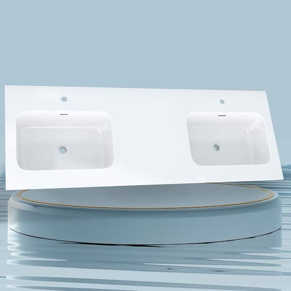 60 in. W x 22 in. D Solid Surface Cultured Marble Bathroom Vanity Top Double Sink White Rectangular Basin Countertop
