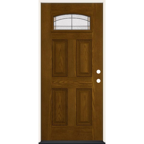 JELD-WEN 36 in. x 80 in. Left-Hand Camber Top Ballantyne Decorative Glass Mocha Fiberglass Prehung Front Door