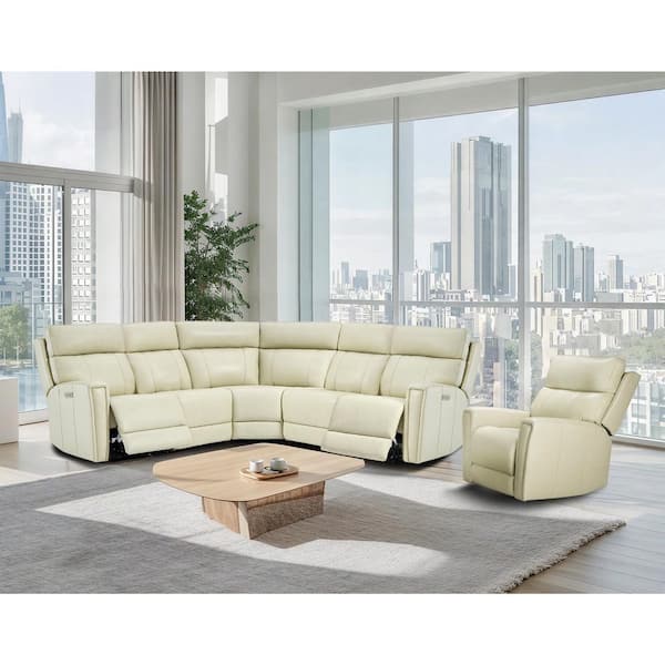 Hank 104 in. 6-pieces Genuine Leather Dual Power Sectional and Recliner Living Room Set with Zero Gravity in Cream