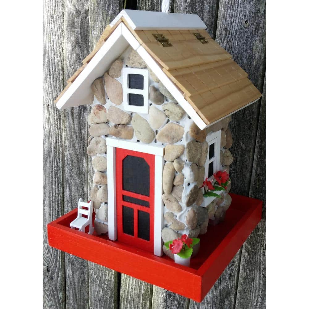 Rustic Stone Cottage Hanging Wood Bird Feeder