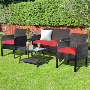 Mix Brown 4-Piece Wicker Patio Conversation Set with CushionGuard Red Cushions