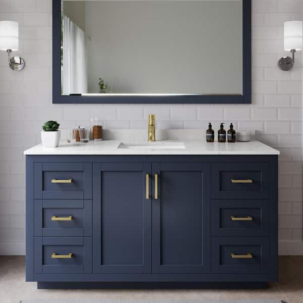 Wyndham Collection Miranda 60 in. W Single Bath Vanity in Dark Blue with Cultured Marble Vanity Top in Light-Vein Carrara with White Basin