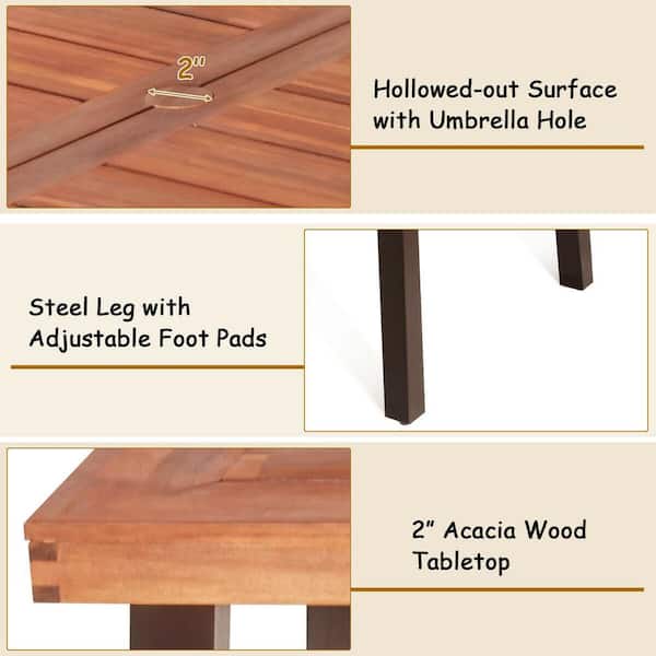 67.5 in. Brown Acacia Wood Outdoor Dining Table with 2 in. Removable Umbrella Hole