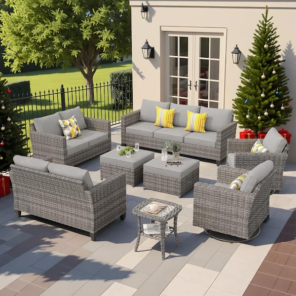 OVIOS New Star Gray 8-Piece Wicker Patio Conversation Seating Set with Dark Gray Cushions and Swivel Chairs