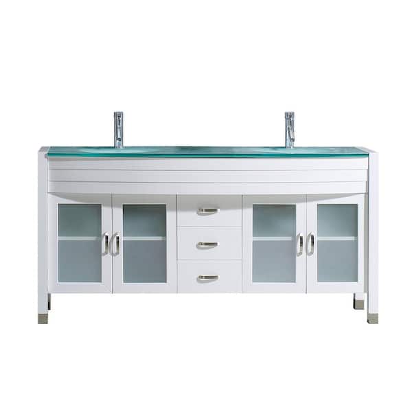 Virtu USA Ava 63 in. W Bath Vanity in White with Glass Vanity Top in Aqua Tempered Glass with Round Basin