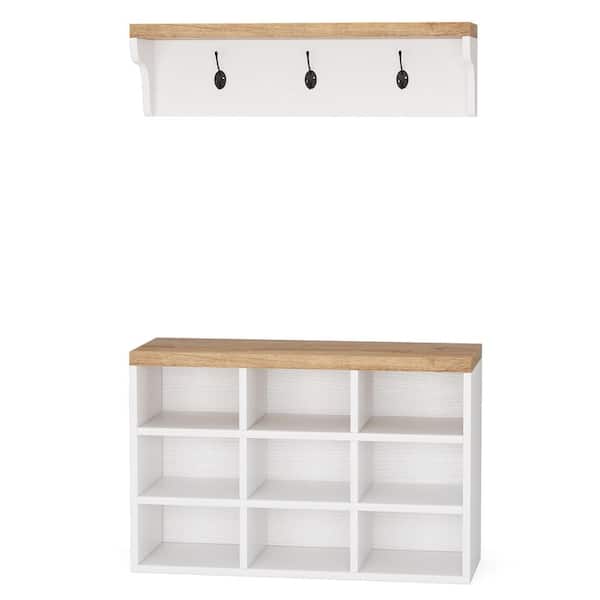 Tribesigns Hiers White Hall Tree Coat Rack Shoe Bench with Hooks and Storage