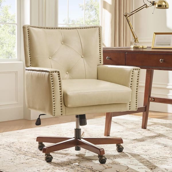 Michelle Faux Leather Transitional Office Chair in Beige  with Solid Wood Legs