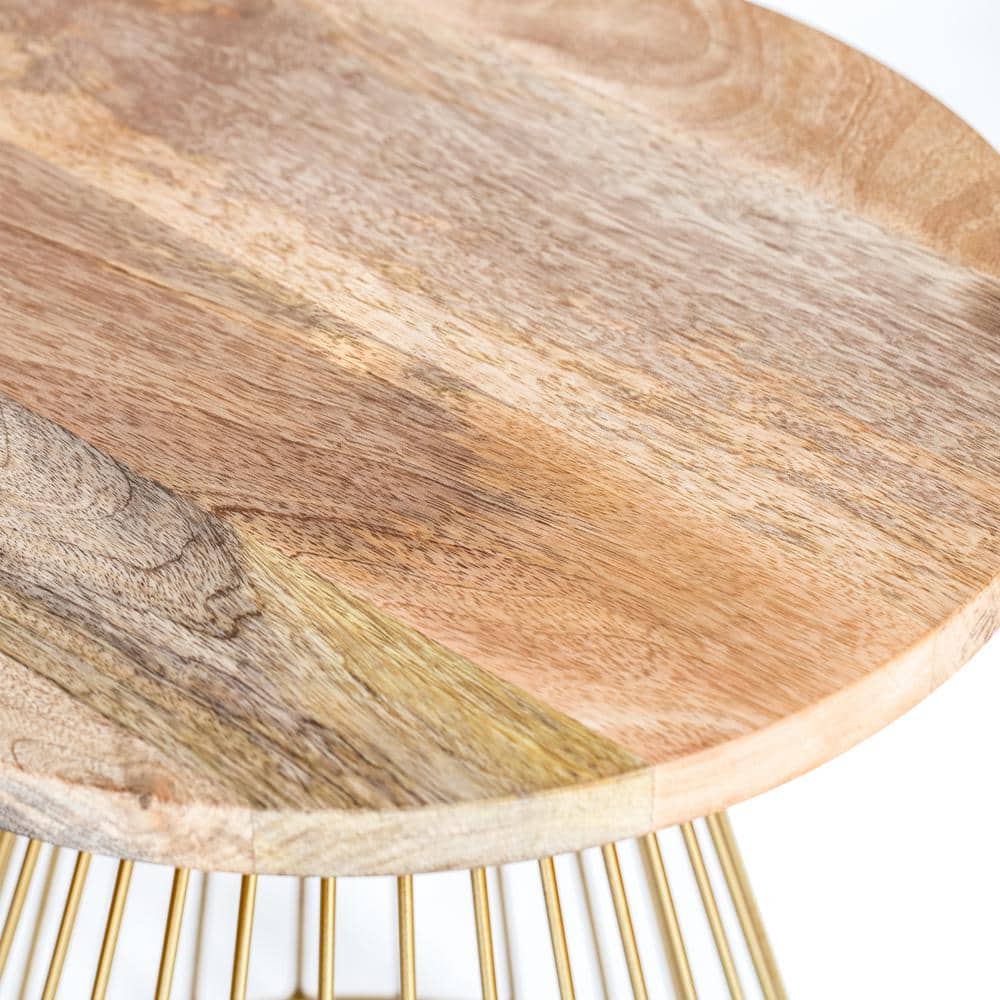 Opulent Round 20" Gold and Natural Wood Side Table