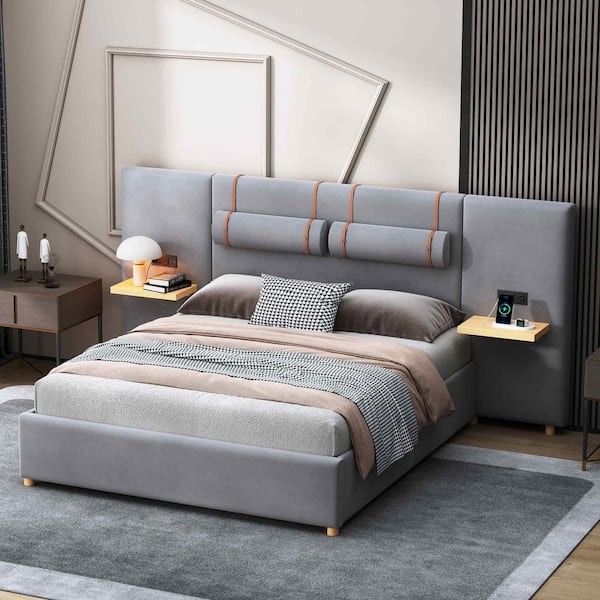 Gray Wood Frame Queen Upholstered Platform Bed with 2-Outlets and USB Charging Ports, 2-Bedside Pillows, Storage Shelves