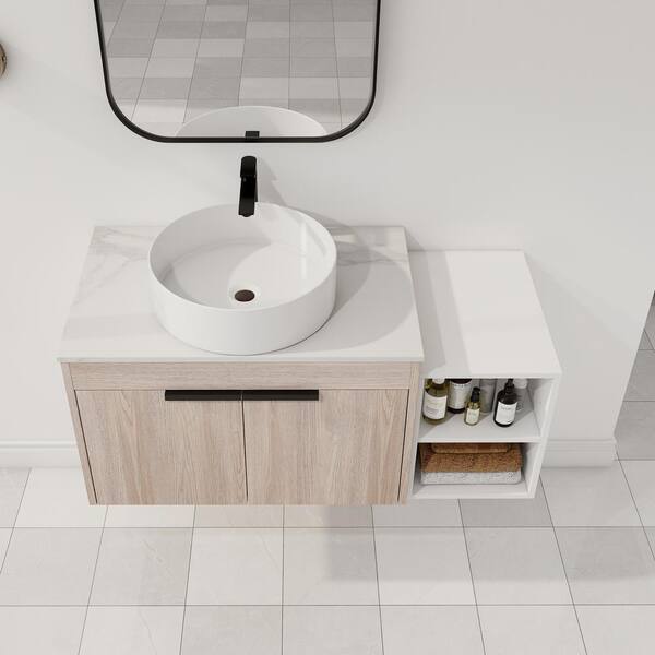 30 in. W Floating Bath Vanity in White Oak with White Ceramic Basin Top in White with Sink and Storage Shelves