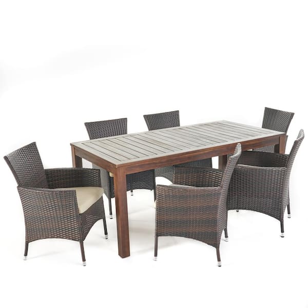 Noble House Multi-Brown 7-Piece Iron Rectangular Outdoor Dining Set with Beige Cushion