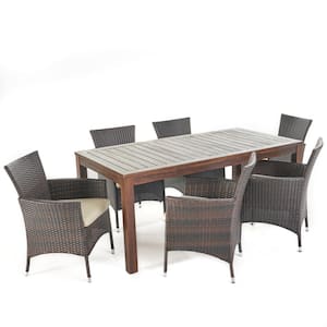 Multi-Brown 7-Piece Iron Rectangular Outdoor Dining Set with Beige Cushion
