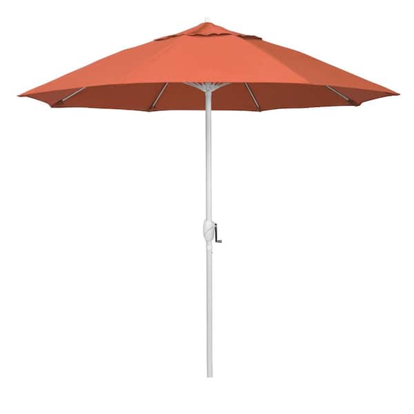 California Umbrella 9 ft. Matted White Aluminum Market Patio Umbrella Fiberglass Ribs and Auto Tilt in Sunset Olefin