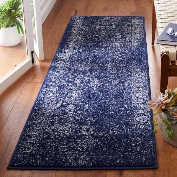 Adirondack Navy/Ivory 3 ft. x 14 ft. Border Distressed Runner Rug