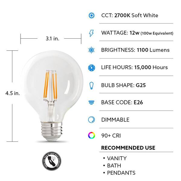 Feit Electric 100 Watt Equivalent G25 Globe Dimmable Filament Clear Glass E26 LED Vintage Edison LIght Bulb Soft White 2700K 3 Pack G25100927CA FIL 3 The Home Depot