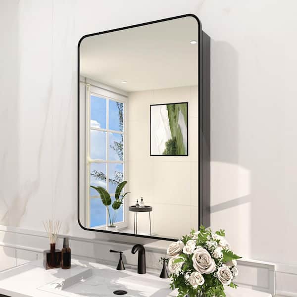 23 in. W x 30 in. H Rectangular Framed Recessed/Surface Mount Medicine Cabinet with Mirror in Matte Black