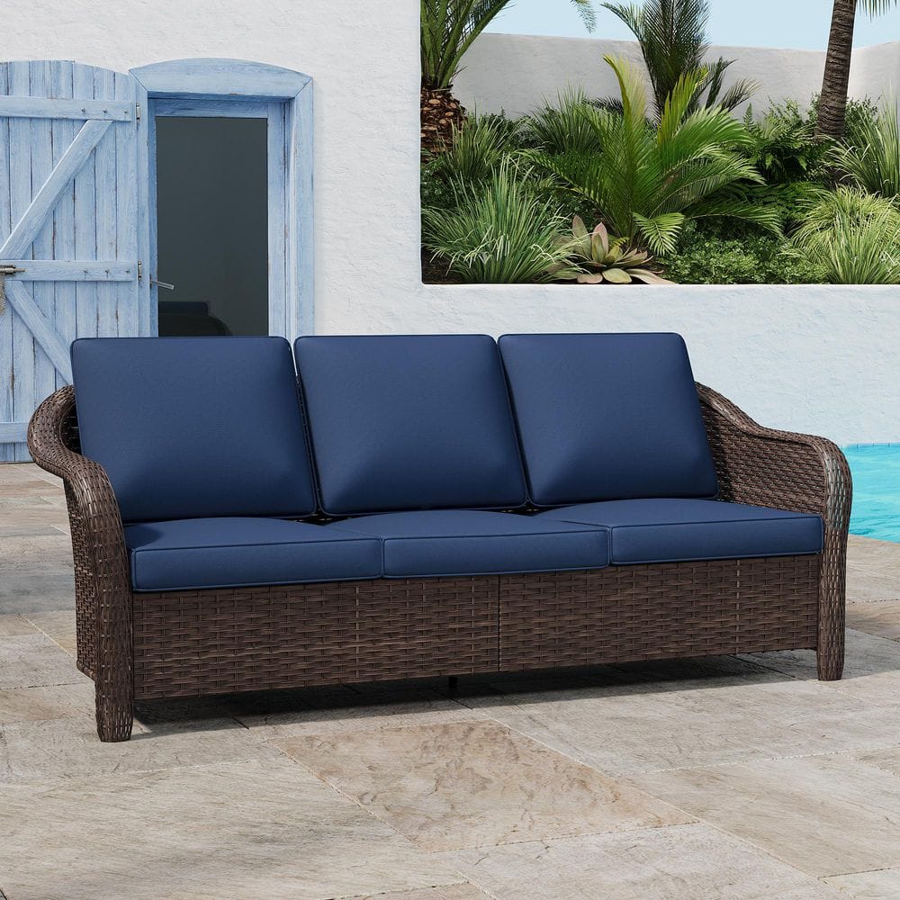 3-Seat Wicker Outdoor Patio Loveseat and Settees with Soft Dark Blue Cushions price history on PriceWatchPro