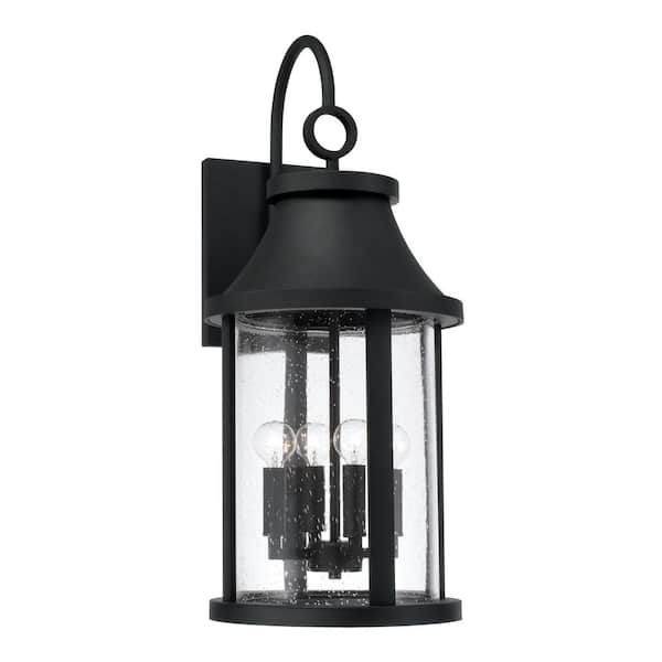 Bridger 11.5 in. W x 28 in. H 4-Light Outdoor Cylindrical Wall Lantern in Black with Seeded Glass