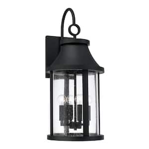 Bridger 11.5 in. W x 28 in. H 4-Light Outdoor Cylindrical Wall Lantern in Black with Seeded Glass