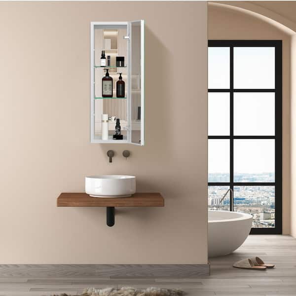 Getpro 10 in. W x 30 in. H Rectangular White Waterproof Aluminum Wall Mount Medicine Cabinet with Mirror and Glass Shelves