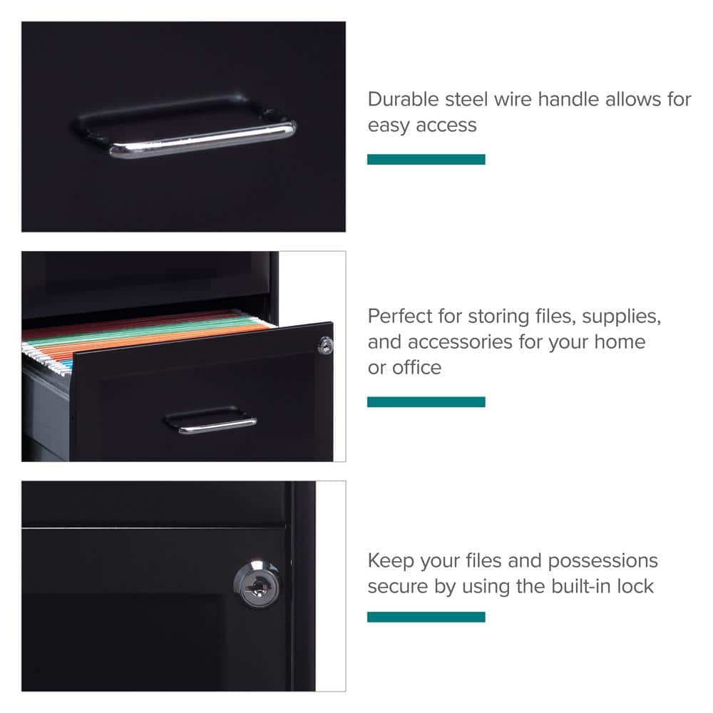 Black 18" Mobile 2-Drawer Lockable Vertical File Cabinet