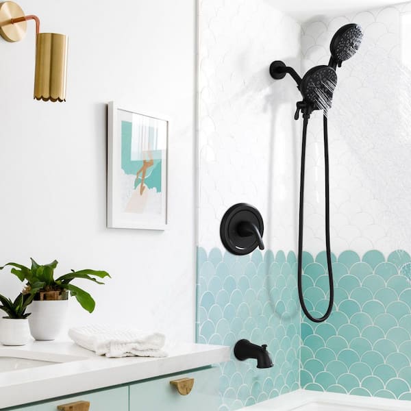 Tomfaucet 7-Spray 7 in. Wall Mount 2.5 GPM Fixed and Handheld Dual Shower Head with Tub Faucet in Matte Black (Valve Included)