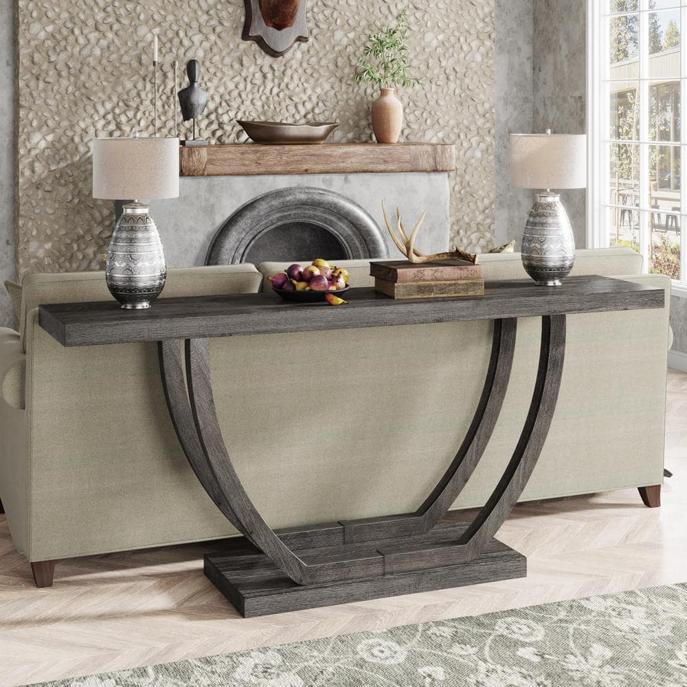Gray 63-Inch Farmhouse Wood and Metal Console Table with Storage