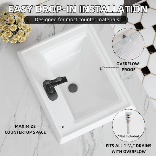 23 in. x 18 in. Ceramic Drop In Bathroom Sink with Single Faucet Hole & Front Overflow in Glossy White Vintage Design