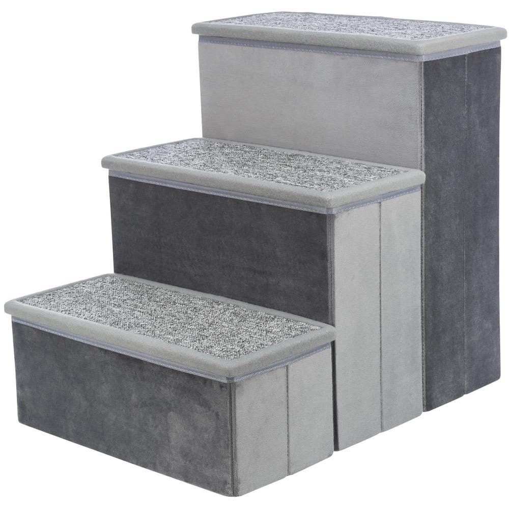 Gray Velour Foldable 3-Step Pet Stairs with Storage