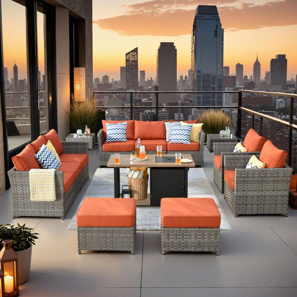 Eufaula Gray 13-Piece Wicker Modern Outdoor Patio Conversation Sofa Set with a Storage Fire Pit and Orange Red Cushions price history on PriceWatchPro