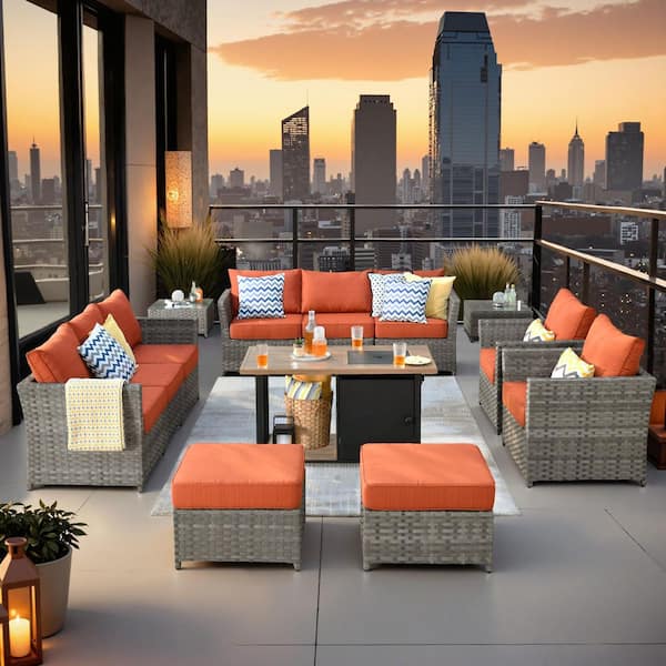 Toject Eufaula Gray 13-Piece Wicker Modern Outdoor Patio Conversation Sofa Set with a Storage Fire Pit and Orange Red Cushions