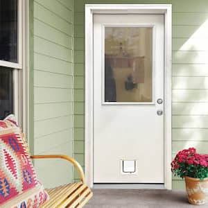 32 in. x 80 in. Reliant Series Clear Half Lite LHIS White Primed Fiberglass Prehung Back Door with Small Cat Door