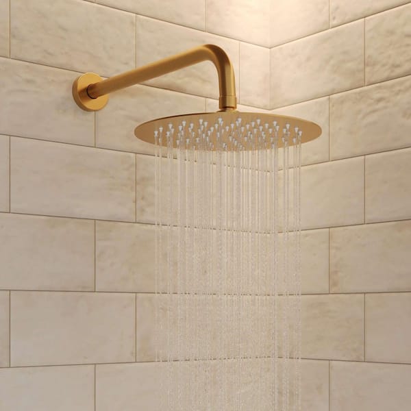 Pressure Balance Wall Mount 10 in. Round Double Handle 2-Spray Shower Faucet 2.5 GPM with Anti Scald in Brushed Gold