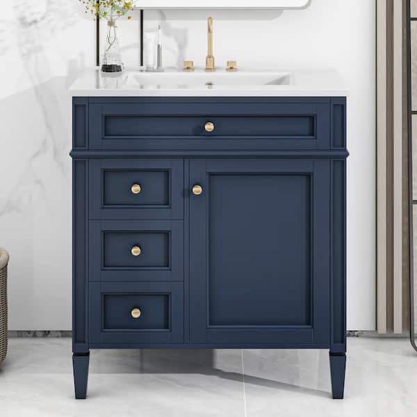 Single Sink Freestanding Blue Bath Vanity with White Ceramic Top, Adjustable Shelf, 3-Drawers, Door Racks