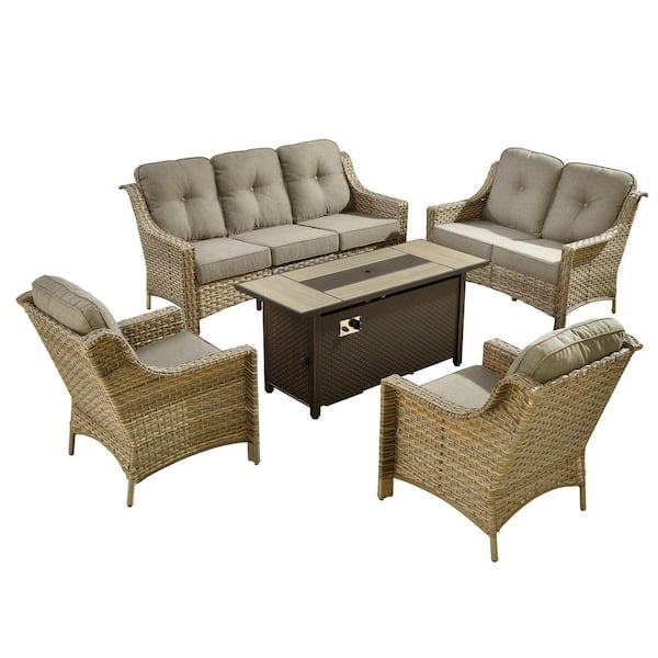 Eureka 5-Piece Wicker Outdoor Fire Pit Patio Conversation Sofa Seating Set with Dark Gray Cushions