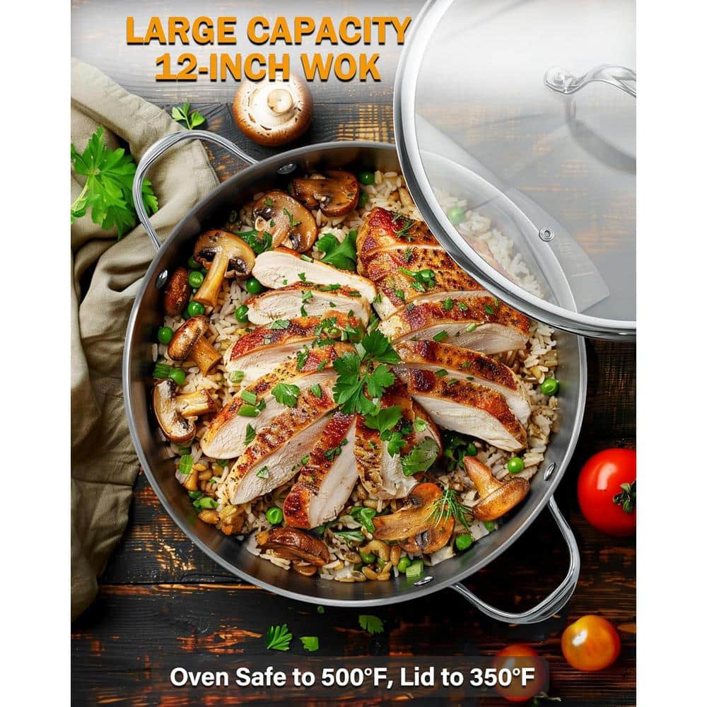12-Inch Stainless Steel Wok with Glass Lid