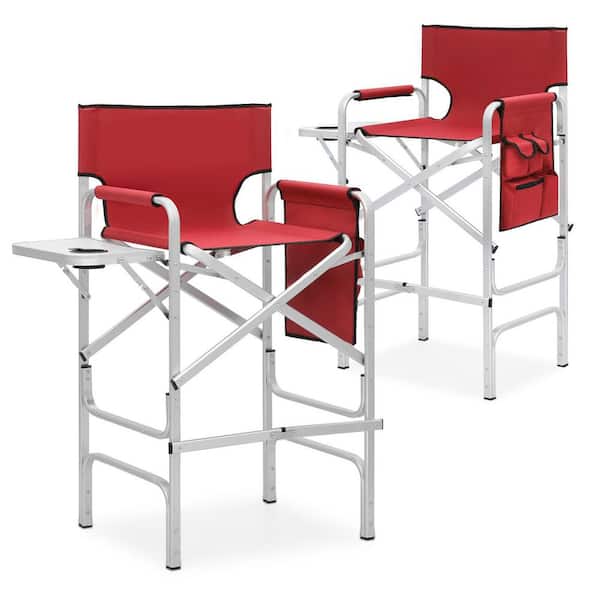 Set of 2 Red Aluminum Foldable Tall Camping/Fishing Chair with Cup Holder Tray and Pocket (23.5 in. W x 44.5 in. H)