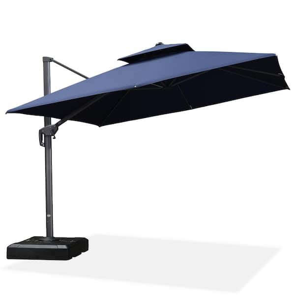 PURPLE LEAF 10 ft. Square 2-Tier Aluminum Cantilever 360-Degree Rotation Patio Umbrella with Wheels Base, Navy Blue
