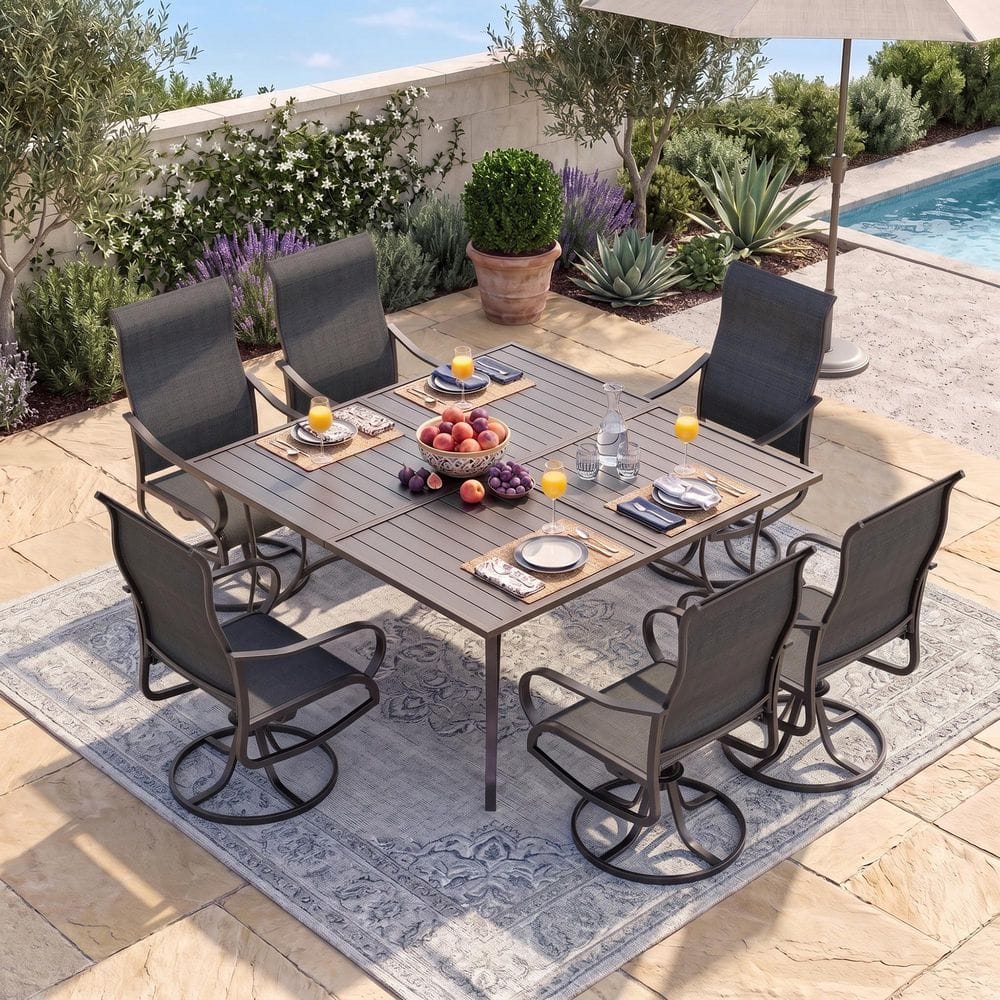 Black 7 Piece Textilene and Iron Metal Outdoor Dining Set, 6 Swivel Chairs and Square Dining Table price history on PriceWatchPro