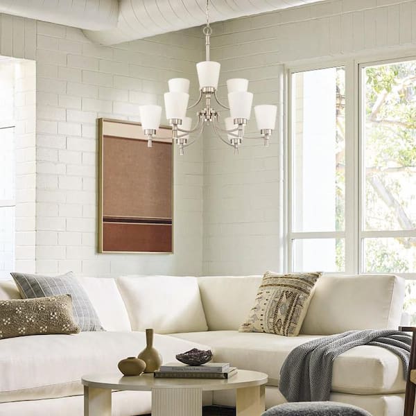 9-Lights Brushed Nickel Chandelier with Bell Shades for Dining Room